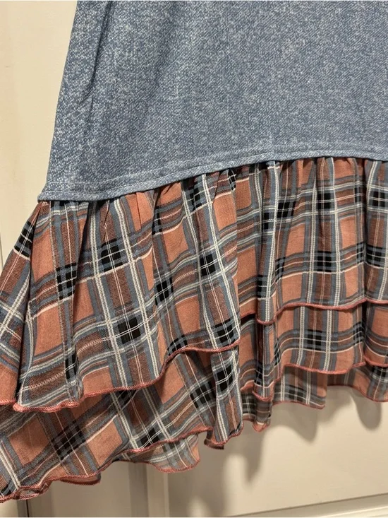 Umgee Blue Knit Top with Brown Plaid Ruffle Details - Picture 5 of 10